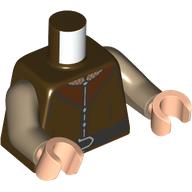 Visuel indicatif Rebrickable de Torse, tunique, garniture argentée, col brun rougeâtre, motif imprimé ceinture noire, bras beige foncé, mains nougat clair (Torso, Tunic, Silver Trim, Reddish Brown Collar, Black Belt Print, Dark Tan Arms, Light Nougat Hands)
