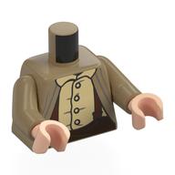 Visuel indicatif Rebrickable de Torse, veste, chemise beige, bretelles brun rougeâtre, motif : pantalon brun foncé, bras beige foncé, mains nougat clair (Torso, Jacket, Tan Shirt, Reddish Brown Suspenders, Dark Brown Pants Print, Dark Tan Arms, Light Nougat Hands)