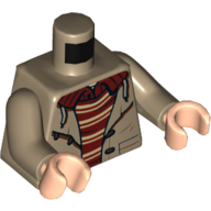 Visuel indicatif Rebrickable de Torse, veste, ouvert, chemise rouge foncé, Motif imprimé lacets, bras beige foncé, mains nougat clair (Torso, Jacket, Open, Dark Red Shirt, Laces Print, Dark Tan Arms, Light Nougat Hands)