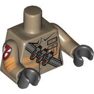 Visuel indicatif Rebrickable de Torse, combinaison avec badge d'identification 'J.H.' et sangle avec motif imprimé de munitions, bras beige foncés avec motif imprimé Ghostbusters Logo, mains noires (Torso, Jumpsuit with 'J.H.' ID Badge and Strap with Ammo Print, Dark Tan Arms with Ghostbusters Logo Print, Black Hands)