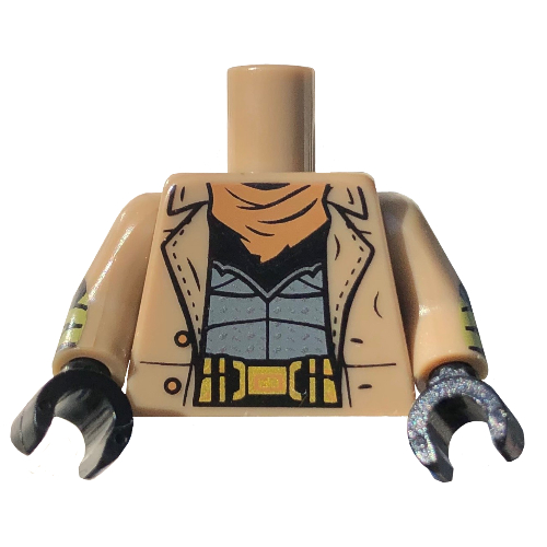 Visuel indicatif Rebrickable de Torse, manteau, gilet bleu sable, boucle de ceinture or, motif : chemise noire, bras beige foncé, mains noires (Torso, Coat, Sand Blue Vest, Gold Belt Buckle, Black Shirt Print, Dark Tan Arms, Black Hands)