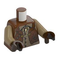 Visuel indicatif Rebrickable de Torse, chemise beige foncé, collier avec crocs, brun rougeâtre déchiré veste de peau motif imprimé, bras beige foncé, mains brun foncé (Torso, Dark Tan Shirt, Necklace with Fangs, Reddish Brown Torn Hide Jacket Print, Dark Tan Arms, Dark Brown Hands)