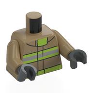 Torse, veste de feu, argent et vert fluo rayures de sécurité motif imprimé, bras beige foncé, mains gris bleuté foncé (Torso, Fire Jacket, Silver and Neon Green Safety Stripes Print, Dark Tan Arms, Dark Bluish Gray Hands)