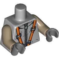 Visuel indicatif Rebrickable de Torse, combinaison spatiale avec fermeture à glissière argentée et harnais orange imprimé, bras beige foncé, mains gris bleuté foncé (Torso, Spacesuit with Silver Zipper and Orange Harness Print, Dark Tan Arms, Dark Bluish Gray Hands)