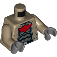 Torse, veste sur armure gris foncé, rouge grande chauve-souris Logo imprimé, bras beige foncé, mains gris bleuté foncé (Torso, Jacket over Dark Gray Armor, Red Large Bat Logo Print, Dark Tan Arms, Dark Bluish Gray Hands)