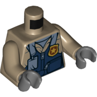 Torse, costume de vol avec gilet bleu foncé, badge d'identité (lanière) et badge de police doré motif imprimé, bras beige foncé, mains gris bleuté foncé (Torso, Flight Suit with Dark Blue Vest, ID Badge (Lanyard), and Gold Police Badge Print, Dark Tan Arms, Dark Bluish Gray Hands)