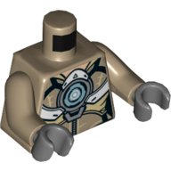 Visuel indicatif Rebrickable de Torse, armure avec panneaux blancs, motif imprimé grand cercle et ceinture argentée, bras beige foncé, mains gris bleuté foncé (Torso, Armor with White Panels, Silver Large Circle and Belt Print, Dark Tan Arms, Dark Bluish Gray Hands)
