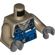 Visuel indicatif Rebrickable de Torse, chemise, gilet bleu avec poches et sangles bleu foncé et motif imprimé ceinture, bras beige foncé, mains gris bleuté foncé (Torso, Shirt, Blue Vest with Pouches and Dark Blue Straps and Belt Print, Dark Tan Arms, Dark Bluish Gray Hands)