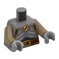 Torse, armure de poitrine, cotte de mailles argentée, boucle de ceinture dorée, ceinture brun rougeâtre, motif imprimé bijou, bras beige foncé, mains gris bleuté clair (Torso, Chest Armor, Silver Chain Mail, Gold Trim Belt Buckle, Reddish Brown Belt, Jewell Print, Dark Tan Arms, Light Bluish Gray Hands)
