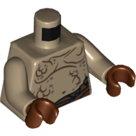 Visuel indicatif Rebrickable de Torse, poitrine nue avec lignes de corps et motif imprimé à la taille, bras beige foncé, mains brun rougeâtre (Torso, Bare Chest with Body Lines and Waistband Print, Dark Tan Arms, Reddish Brown Hands)