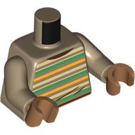 Visuel indicatif Rebrickable de Torse, beige/vert/orange rayé chemise, bras beige foncé, mains nougat moyen (Torso, Tan/Green/Orange Striped Shirt, Dark Tan Arms, Medium Nougat Hands)