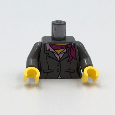 Visuel indicatif Rebrickable de Torse, veste de costume, boutons, chemise rose, écharpe magenta, motif imprimé au dos, bras gris bleuté foncé, mains jaunes (Torso, Suit Jacket, Buttons, Pink Shirt, Magenta Scarf, Back Print, Dark Bluish Gray Arms, Yellow Hands)