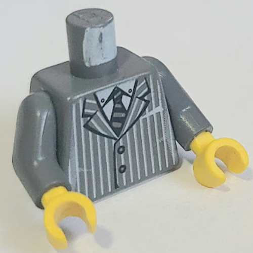 Torse, veste de costume, à rayures épinglées et motif imprimé cravate rayée, bras gris bleuté foncé, mains jaunes (Torso, Suit Jacket, Pinstriped, and Striped Tie Print, Dark Bluish Gray Arms, Yellow Hands)