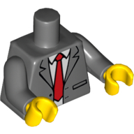 Visuel indicatif Rebrickable de Torse, veste de costume, ouvert avec chemise blanche et motif imprimé cravate rouge, bras gris bleuté foncé, mains jaunes (Torso, Suit Jacket, Open with White Shirt and Red Tie Print, Dark Bluish Gray Arms, Yellow Hands)