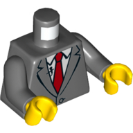 Visuel indicatif Rebrickable de Torse, veste de costume boutonnée avec cravate rouge, motif imprimé micro, bras gris bleuté foncé, mains jaunes (Torso, Suit Jacket Buttoned with Red Tie, Microphone Print, Dark Bluish Gray Arms, Yellow Hands)