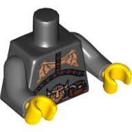 Visuel indicatif Rebrickable de Torse, armure avec ailes de dragon d'or, nain tête boucle et pochettes motif imprimé, bras gris bleuté foncé, mains jaunes (Torso, Armor with Gold Dragon Wings, Dwarf Head Buckle and Pouches Print, Dark Bluish Gray Arms, Yellow Hands)
