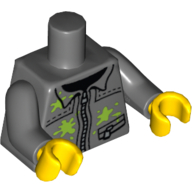 Visuel indicatif Rebrickable de Torse, veste, fermeture à glissière argentée et peinture à la vert citron motif imprimé, bras gris bleuté foncé, mains jaunes (Torso, Jacket, Silver Zipper and Lime Paint Splotches Print, Dark Bluish Gray Arms, Yellow Hands)