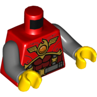 Torse, armure avec ceinture, bretelles et emblème de feu chi imprimé, bras gris bleuté foncé, mains jaunes (Torso, Armor with Belt, Suspenders and Fire Chi Emblem Print, Dark Bluish Gray Arms, Yellow Hands)