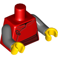 Visuel indicatif Rebrickable de Torse, robe avec fermoir noir et motif imprimé ceinture rouge foncé, bras gris bleuté foncé, mains jaunes (Torso, Robe with Black Clasp and Dark Red Sash Print, Dark Bluish Gray Arms, Yellow Hands)