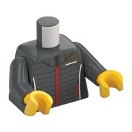 Torse, Combinaison de course, Bandes noires, Marquage rouge/blanc/noir, bras gris bleuté foncé, mains jaunes (Torso, Racing Suit, Black Stripes, Red/White/Black Markings Print, Dark Bluish Gray Arms, Yellow Hands)