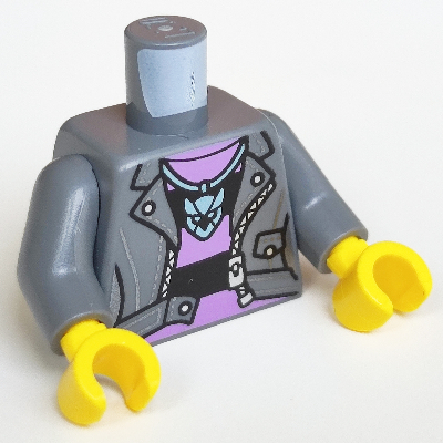 Visuel indicatif Rebrickable de Torse, veste sur la lavande moyenne et chemise à rayures noires, fermeture à glissière, collier, motif imprimé dos, bras gris bleuté foncé, mains jaunes (Torso, Jacket over Medium Lavender and Black Striped Shirt, Zipper, Necklace, Back Print, Dark Bluish Gray Arms, Yellow Hands)