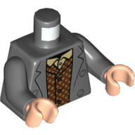 Visuel indicatif Rebrickable de Torse, veste, gilet rouge foncé et nougat moyen, motif : chemise beige, bras gris bleuté foncé, mains nougat clair (Torso, Jacket, Dark Red/Medium Nougat Vest, Tan Shirt Print, Dark Bluish Grey Arms, Light Nougat Hands)