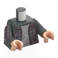 Visuel indicatif Rebrickable de Torse, chemise en flanelle rouge foncé, chemise gris bleuté clair imprimé, bras gris bleuté foncé, mains nougat clair (Torso, Dark Red Flannel Shirt, Light Bluish Grey Shirt Print, Dark Bluish Gray Arms, Light Nougat Hands)