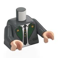 Visuel indicatif Rebrickable de Torse, veste, col vert, boutons dorés, chemise blanche, cravate vert foncé, miettes motif imprimé, bras gris bleuté foncé, mains nougat clair (Torso, Jacket, Green Collar, Gold Buttons, White Shirt, Dark Green Tie, Crumbs Print, Dark Bluish Gray Arms, Light Nougat Hands)