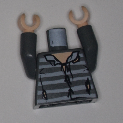 Visuel indicatif Rebrickable de Torse, chemise, en lambeaux avec motif imprimé de rayures de prison, bras gris bleuté foncé, mains nougat clair (Torso, Shirt, Tattered with Prison Stripes Print, Dark Bluish Gray Arms, Light Nougat Hands)