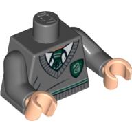 Torse, pull avec crête et bande de Serpentard, motif imprimé cravate vert foncé, bras gris bleuté foncé, mains nougat clair (Torso, Sweater with Slytherin Crest and Stripe, Dark Green Tie Print, Dark Bluish Gray Arms, Light Nougat Hands)