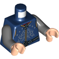 Torse, Gilet avec étoiles argentées et motif imprimé Arbre de Gondor, bras gris bleuté foncé, mains nougat clair (Torso, Vest with Silver Stars and Tree of Gondor Print, Dark Bluish Gray Arms, Light Nougat Hands)