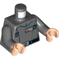 Visuel indicatif Rebrickable de Torse, veste, insigne de rang, ceinture noire avec motif imprimé boucle argentée, bras gris bleuté foncé, mains nougat clair (Torso, Jacket, Rank Badge, Black Belt with Silver Buckle Print, Dark Bluish Gray Arms, Light Nougat Hands)