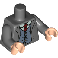 Visuel indicatif Rebrickable de Torse, veste, chemise blanche, cravate rouge avec des taches blanches, modèle imprimé gilet bleu sable, bras gris bleuté foncé, mains nougat clair (Torso, Jacket, White Shirt, Red Tie with White Spots, Sand Blue Vest Print, Dark Bluish Gray Arms, Light Nougat Hands)