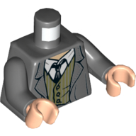 Torse, Veste avec gilet olive, Chemise blanche et motif imprimé cravate (Argus Filch), bras gris bleuté foncé, mains nougat clair (Torso, Jacket with Olive Vest, White Shirt and Tie Print (Argus Filch), Dark Bluish Gray Arms, Light Nougat Hands)