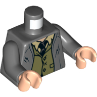 Visuel indicatif Rebrickable de Torse, veste, gilet vert olive, chemise blanche, motif imprimé cravate noire, bras gris bleuté foncé, mains nougat clair (Torso, Jacket, Olive Green Vest, White Shirt, Black Tie Print, Dark Bluish Gray Arms, Light Nougat Hands)