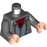 Visuel indicatif Rebrickable de Torse, Veste, Gilet bleu moyen, Bouton, Costume Spider-Man rouge imprimé, bras gris bleuté foncé, mains nougat clair (Torso, Jacket, Medium Blue Vest, Button, Red Spider-Man Suit Print, Dark Bluish Gray Arms, Light Nougat Hands)