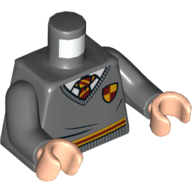 Visuel indicatif Rebrickable de Torse, pull, crête de gryffondor avec motif imprimé cravate rouge foncé et jaune, bras gris bleuté foncé, mains nougat clair (Torso, Sweater, Gryffindor Crest with Dark Red and Yellow Tie Print, Dark Bluish Gray Arms, Light Nougat Hands)
