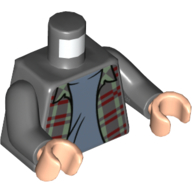 Visuel indicatif Rebrickable de Torse, chemise, vert sable et rouge foncé Plaid, ouvert sur le motif imprimé sous-chemise bleu sable, bras gris bleuté foncé, mains nougat clair (Torso, Shirt, Sand Green and Dark Red Plaid, Open over Sand Blue Undershirt Print, Dark Bluish Gray Arms, Light Nougat Hands)