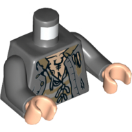 Visuel indicatif Rebrickable de Torse, veste déchirée, chemise de prison avec des rayures de beige foncé, poitrine nue avec motif imprimé de tatouage, bras gris bleuté foncé, mains nougat clair (Torso, Torn Jacket, Prison Shirt with Dark Tan Stripes, Bare Chest with Tattoo Print, Dark Bluish Gray Arms, Light Nougat Hands)
