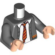 Visuel indicatif Rebrickable de Torse, Veste, Chemise blanche, Cravate orange claire rouge/brillant, Poudlard Gryffondor Uniforme imprimé, bras gris bleuté foncé, mains nougat clair (Torso, Jacket, White Shirt, Red/Bright Light Orange Tie, Hogwarts Gryffindor Uniform Print, Dark Bluish Gray Arms, Light Nougat Hands)