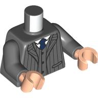 Torse, veste de costume, rayures noires verticales, cravate bleu foncé, motif imprimé chemise blanche, bras gris bleuté foncé, mains nougat clair (Torso, Suit Jacket, Vertical Black Stripes, Dark Blue Tie, White Shirt Print, Dark Bluish Gray Arms, Light Nougat Hands)