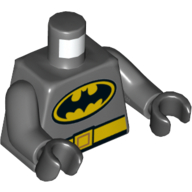 Torse, corps, logo Batman en jaune ovale avec motif imprimé ceinture jaune avant et arrière, bras gris bleuté foncé, mains noires (Torso, Bodysuit, Batman Logo in Yellow Oval with Yellow Belt Front and Back Print, Dark Bluish Gray Arms, Black Hands)