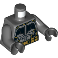 Visuel indicatif Rebrickable de Torse, armure avec plaques d'argent, chauve-souris et ceinture utilitaire en or imprimé (Batman), bras gris bleuté foncé, mains noires (Torso, Armor with Silver Plates, Bat, and Gold Utility Belt Print (Batman), Dark Bluish Gray Arms, Black Hands)