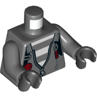 Visuel indicatif Rebrickable de Torse, veste, bretelles, chemise rayée blanche et grise motif imprimé, bras gris bleuté foncé, mains noires (Torso, Jacket, Straps, White and Grey Striped Shirt Print, Dark Bluish Gray Arms, Black Hands)