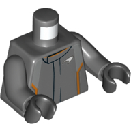 Visuel indicatif Rebrickable de Torse, veste de course, motif imprimé garniture orange, bras gris bleuté foncé, mains noires (Torso, Racing Jacket, Orange Trim Print, Dark Bluish Gray Arms, Black Hands)