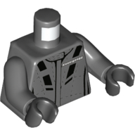 Visuel indicatif Rebrickable de Torse, Veste de course, Panneaux noirs, Blanc Logo imprimé, bras gris bleuté foncé, mains noires (Torso, Race Jacket, Black Panels, White Logo Print, Dark Bluish Gray Arms, Black Hands)