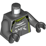 Visuel indicatif Rebrickable de Torse, veste de course, garniture de vert citron, motif imprimé logo 'AMR', bras gris bleuté foncé, mains noires (Torso, Racing Jacket, Lime Trim, 'AMR' Logo Print, Dark Bluish Gray Arms, Black Hands)