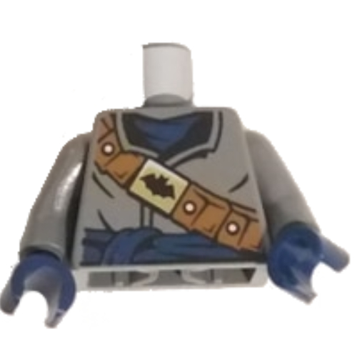 Visuel indicatif Rebrickable de Torse, manteau avec écharpe et ceinture bleu foncé, bandelier orange foncé avec logo Batman noir sur boucle dorée motif imprimé, bras gris bleuté foncé, mains bleu foncé (Torso, Coat with Dark Blue Scarf and Sash, Dark Orange Bandolier with Black Batman Logo on Gold Buckle Print, Dark Bluish Gray Arms, Dark Blue Hands)