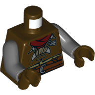 Visuel indicatif Rebrickable de Torse, veste avec écharpe rouge foncé, collier en corne, motif imprimé ceinture, bras gris bleuté foncé, mains brun foncé (Torso, Jacket with Dark Red Scarf, Horn Necklace, Belt Print, Dark Bluish Gray Arms, Dark Brown Hands)