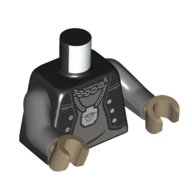 Visuel indicatif Rebrickable de Torse, gilet, ouvert sur un sous-vêtement gris bleuté foncé, collier tête de mort minifigurine imprimé, bras gris bleuté foncé, mains beige foncé (Torso, Vest, Open over Dark Bluish Gray Undershirt, Minifigure Head Skull Necklace Print, Dark Bluish Gray Arms, Dark Tan Hands)